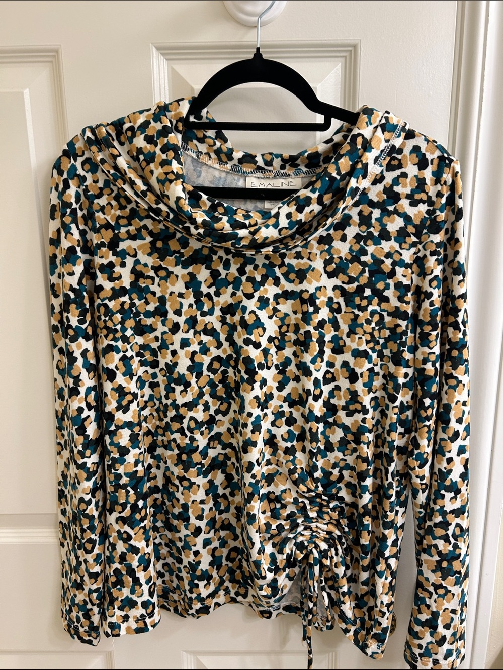Emaline Teal, Tan & Black Cowl-Neck Long Sleeve Top